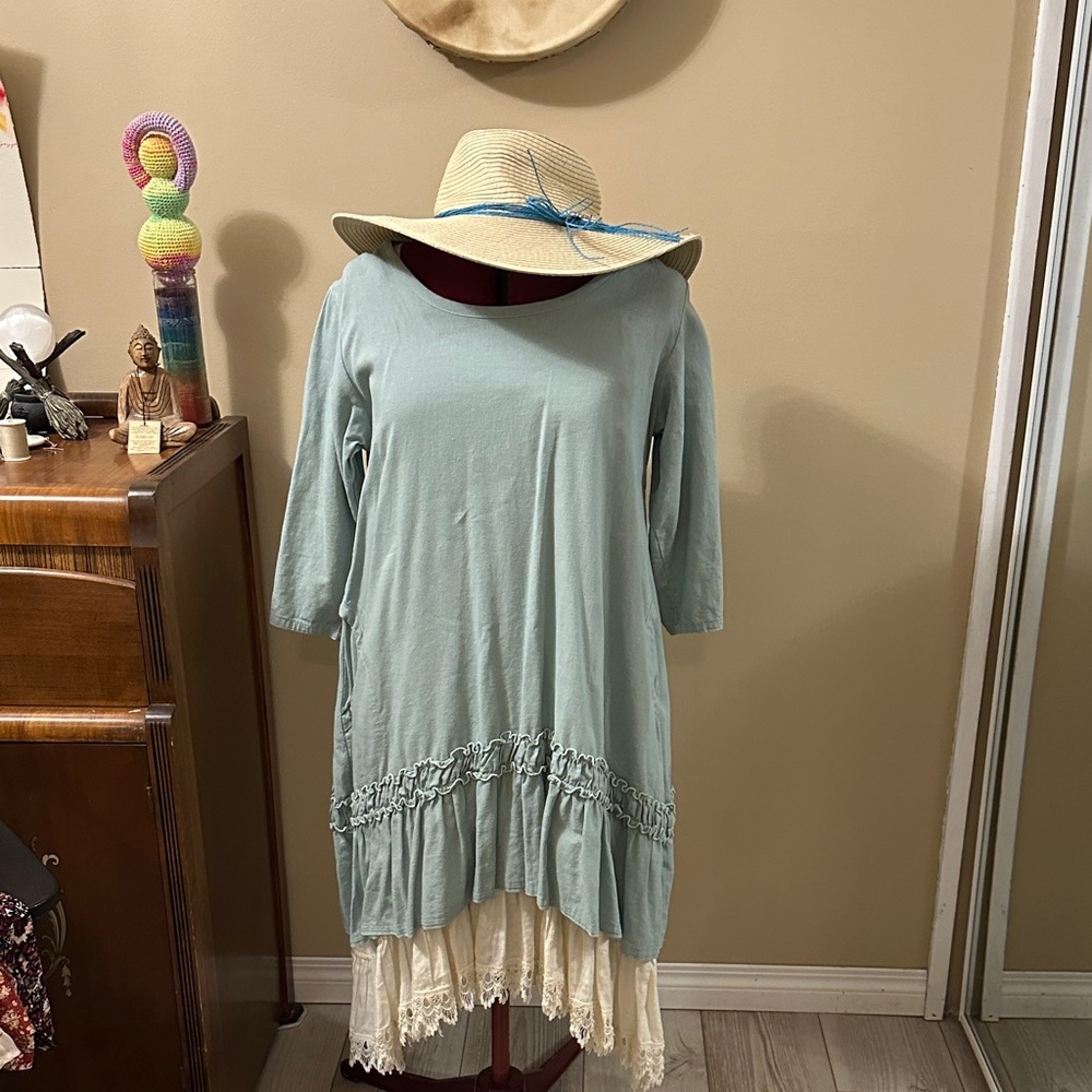 Hearts Desire by Mary Grace.Soft Ruffle Hem Tunic Dress in Light Sage